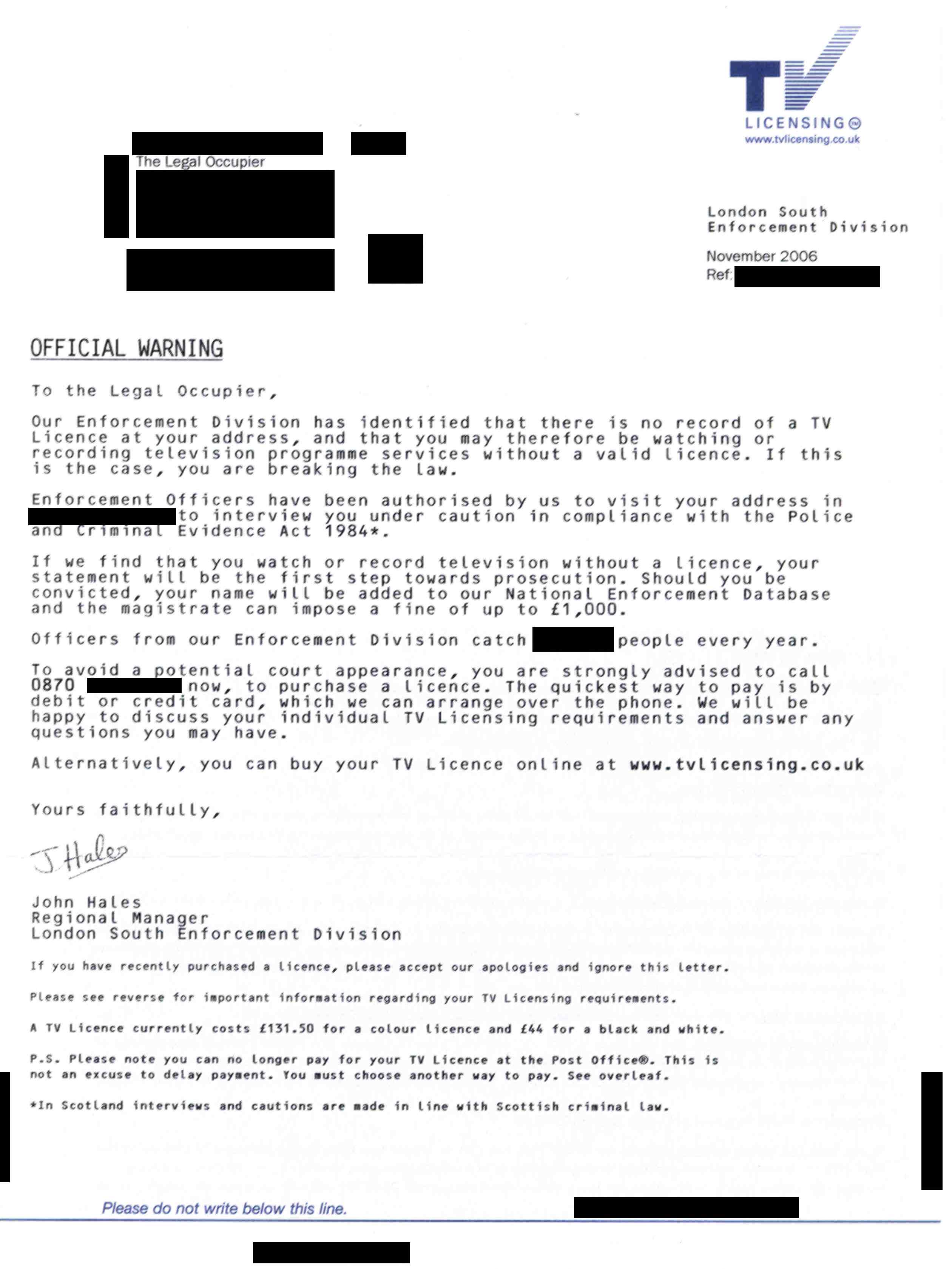 TV Licence official warning letter