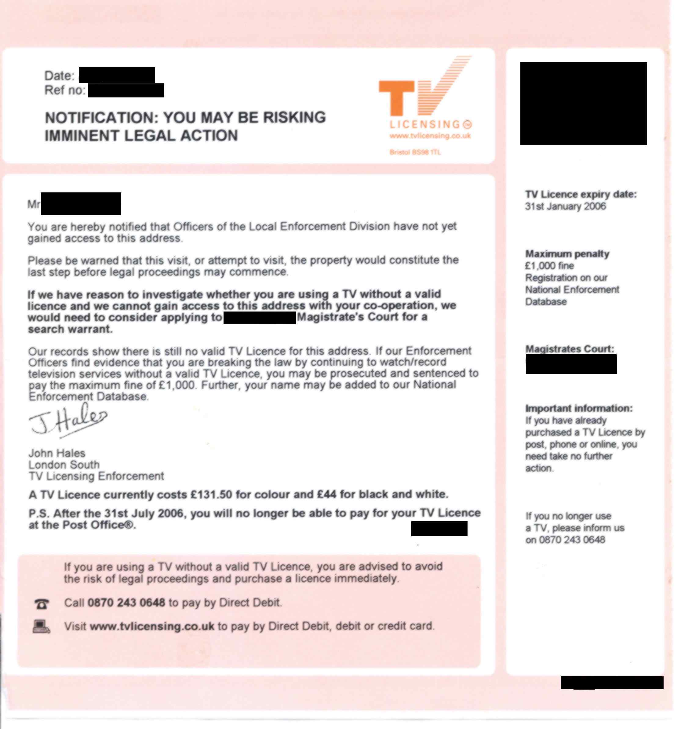 Television licencing legal action letter